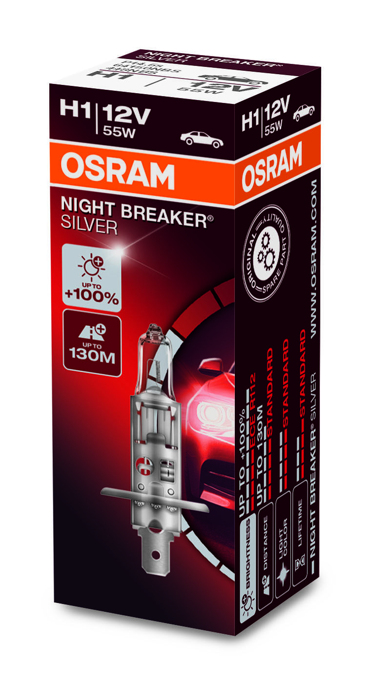 Лампа NIGHT BREAKER SILVER 12V H1 55 Вт +100% / Картонная упаковка